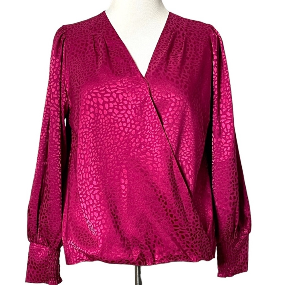 Chenault  Fuchsia Long Sleeve Wrap Blouse Size L - Picture 2 of 13